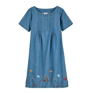 Vintage Vermont Country Store Embroidered Denim Dress Women's Medium Floral Blue
